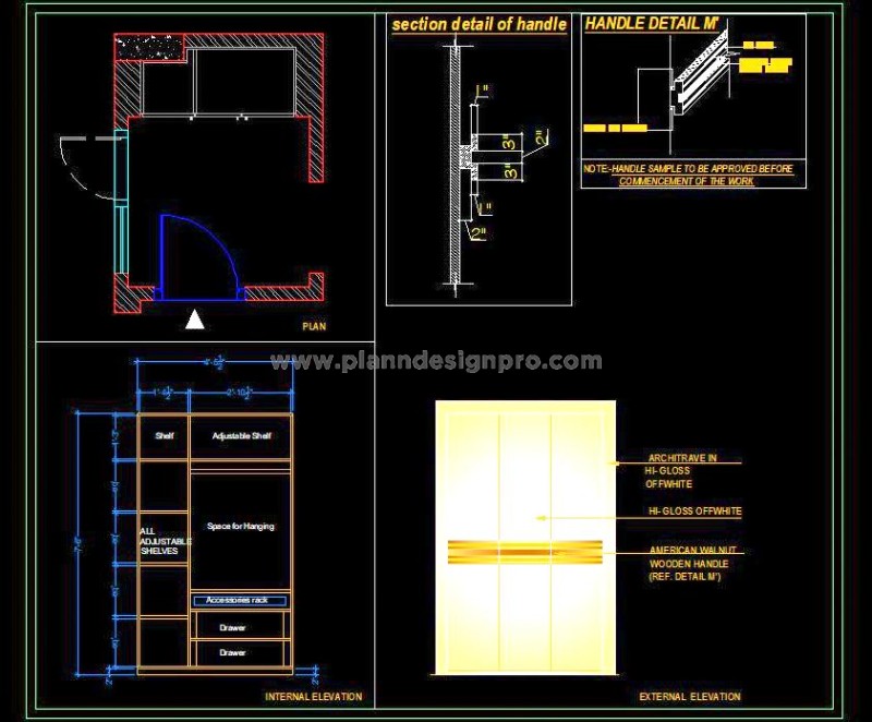 3-Shutter Wardrobe DWG Design with Custom Handle Details